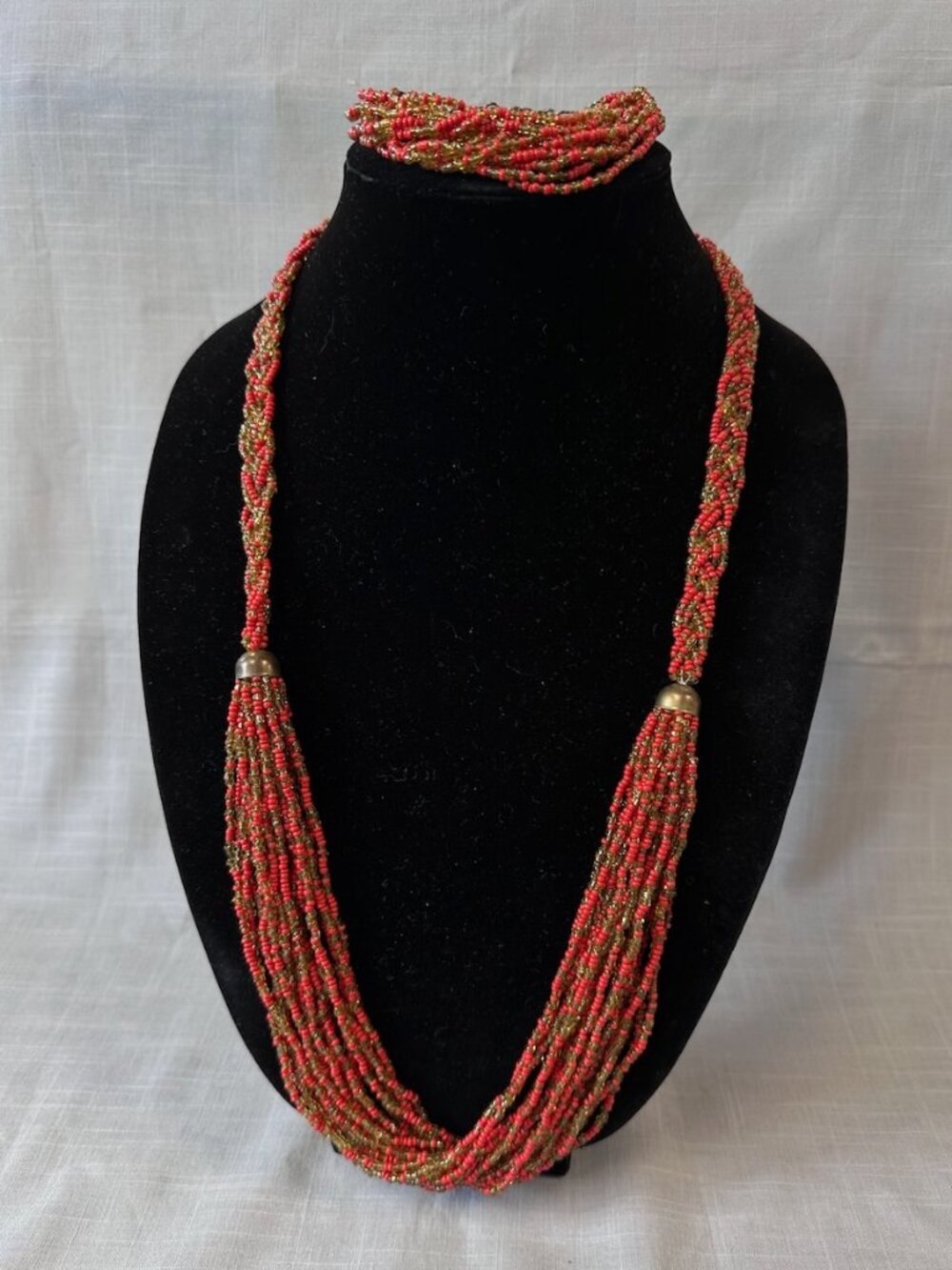Vintage Red and Translucent Gold Seed Beaded Necklace and Bracelet